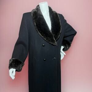 VINTAGE 80s Double Breasted Wool Peacoat Size L Old Money Faux Fur Trench